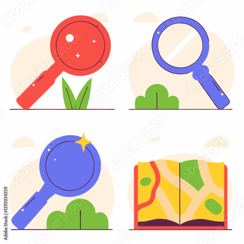 Colorful magnifying glasses exploring hidden wonders, playfully nestled in vibrant green landscapes, alongside an open map revealing exciting adventures.