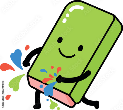 Happy green eraser character playfully splashing colorful paint in a flat vector illustration