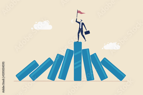 Winner take all, survive business competition or strength to overcome difficulty, economic crisis or recession, business winner concept, success businessman on stand strong bar graph domino collapse.