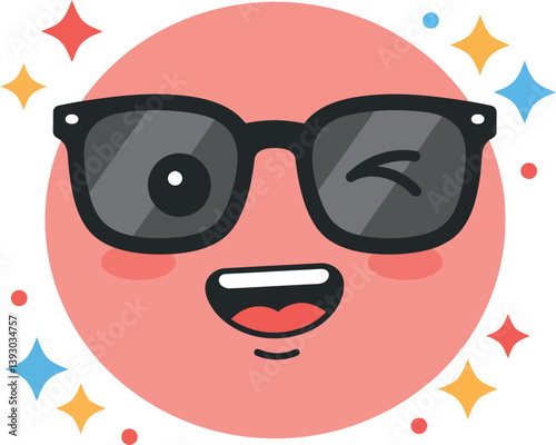 Happy face with sunglasses and sparkling stars in a playful, colorful flat vector illustration