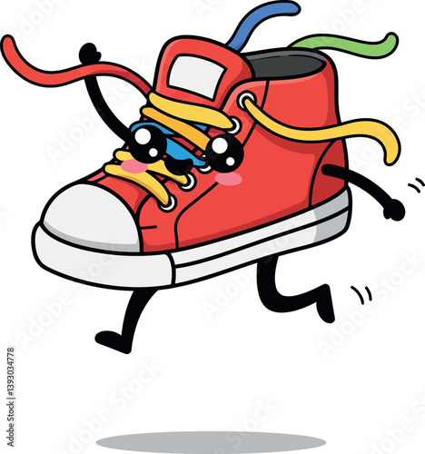 A cheerful red sneaker character with playful eyes running energetically in a minimal vector illustration