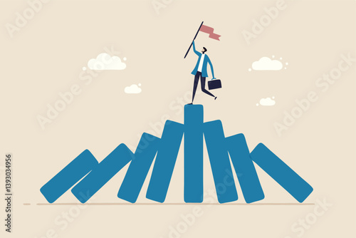 Winner take all, survive business competition or strength to overcome difficulty, economic crisis or recession, business winner concept, success businessman on stand strong bar graph domino collapse.