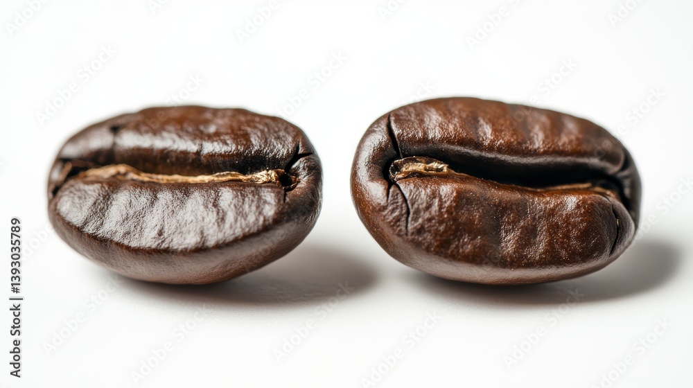 Two roasted coffee beans close-up on white background. Two roasted coffee beans close-up on white background.