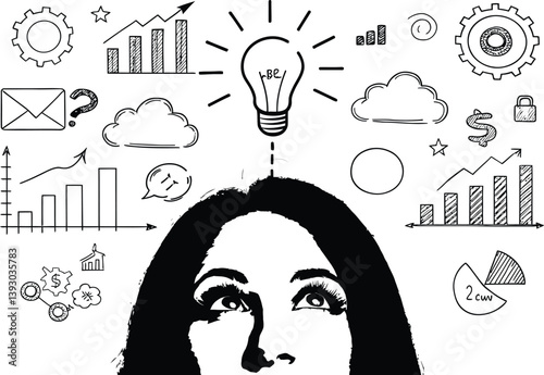 Innovative Business Icons with Light Bulb, Gears, Charts, and Security Lock Representing Technology and Progress