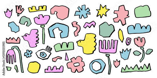 Big set of colorful hand painted various shapes, curls, forms, flowers, birds and doodle objects. Abstract modern minimalist trendy vector illustration with hand drawn texture.