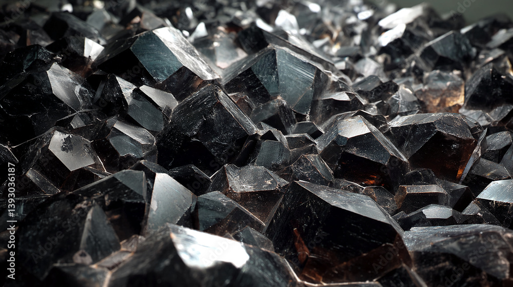 Close-up of dark,faceted crystals forming a rough texture, showcasing depth and geological formation. Represents power, strength, and the earth's natural beauty Close-up of dark,faceted crystals forming a rough texture, showcasing depth and geological formation. Represents power, strength, and the earth's natural beauty