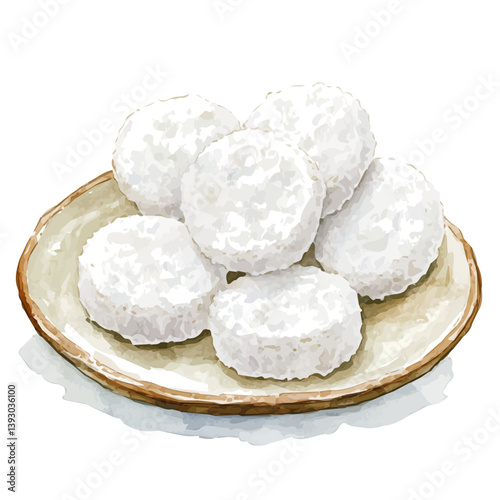 Rice Cake Tteok Mochi, watercolor illustration, isolated on a white background.

