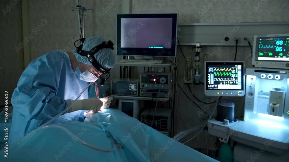 Highly skilled surgeon meticulously performs a complex surgical procedure, utilizing advanced medical equipment in a sterile operating room environment, demonstrating precision and expertise Highly skilled surgeon meticulously performs a complex surgical procedure, utilizing advanced medical equipment in a sterile operating room environment, demonstrating precision and expertise