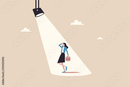 Woman in spotlight, success candidate for job vacancy, outstanding high performance employee, ambition or opportunity concept, confident outstanding businesswoman standing in bright spotlight.