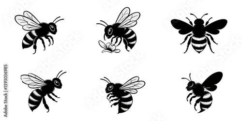 Bee simple logotype icon, Bee silhouette set collection, hand drawn Bee on white background, set bee silhouette isolated black, Bee silhouette black vector flat illustration. Honey Bee icon, honey bee
