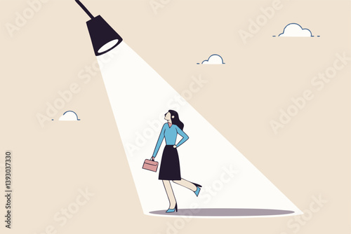 Woman in spotlight, success candidate for job vacancy, outstanding high performance employee, ambition or opportunity concept, confident outstanding businesswoman standing in bright spotlight.