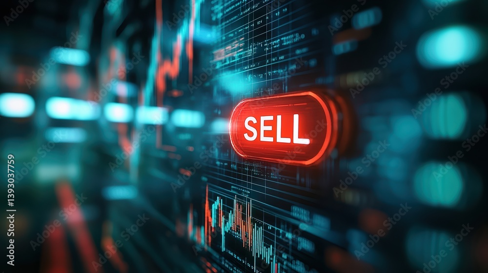Glowing red “SELL” button over digital stock market charts, high-tech display of trading activity in financial industry environment. Glowing red “SELL” button over digital stock market charts, high-tech display of trading activity in financial industry environment.