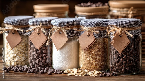  Mason jars filled with baking ingredients—flour, sugar, oats, chocolate chips—lined up for charming homemade gift idea