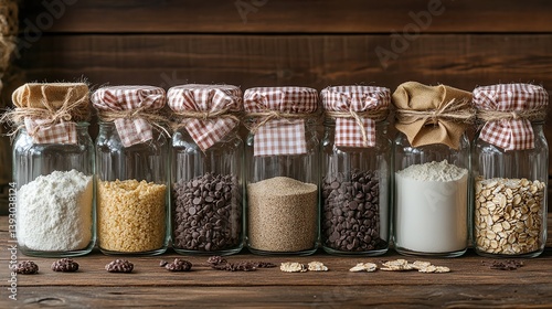  Mason jars filled with baking ingredients—flour, sugar, oats, chocolate chips—lined up for charming homemade gift idea