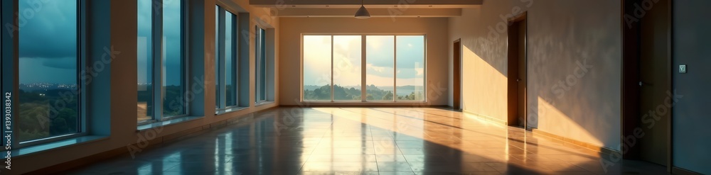 Fototapeta premium Empty hallway with sunlight filtering through windows and stormy clouds outside, architecture, windows