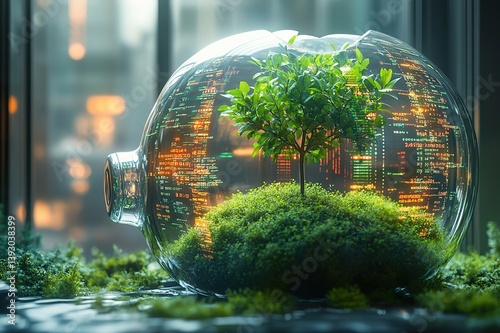 Lush green sapling growing inside a transparent piggy bank with digital data reflections, representing sustainable investment returns.