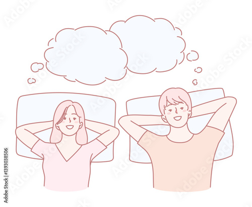 Two people share a peaceful moment, with thought bubbles expressing calmness and showcasing tranquility