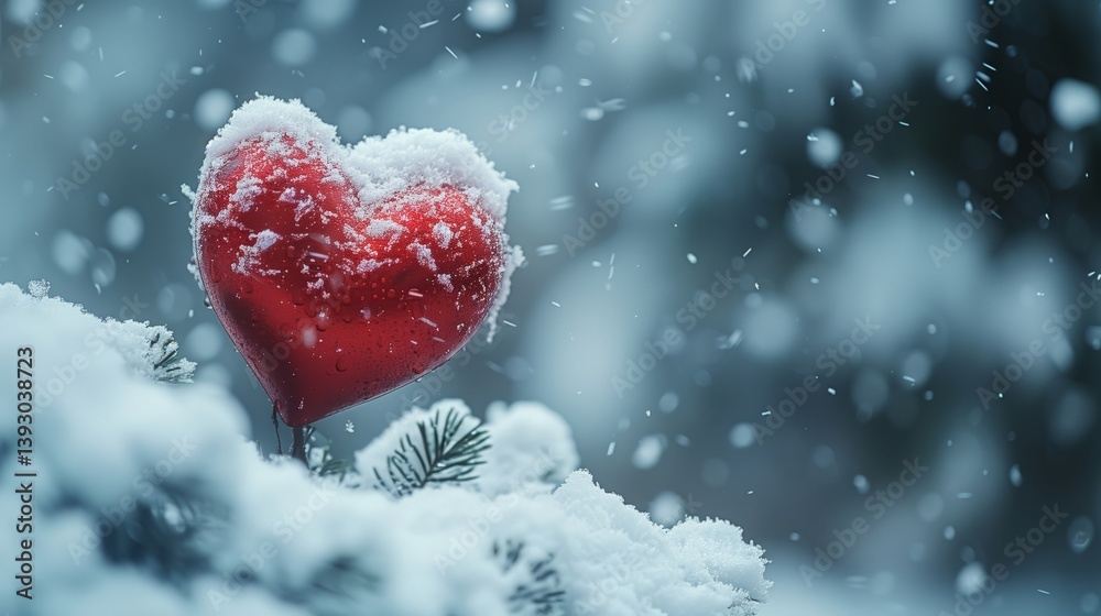 Fototapeta premium A freezing red heart covered in snow rests on a snowcovered tree branch
