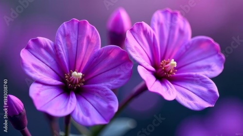 Close-up of two vibrant purple flowers with buds on soft blurred background.
