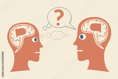 Perception process to interpret information, thought or opinion depend on personality or perspective, difference bias or illusion concept, human head looking at object with difference perception.