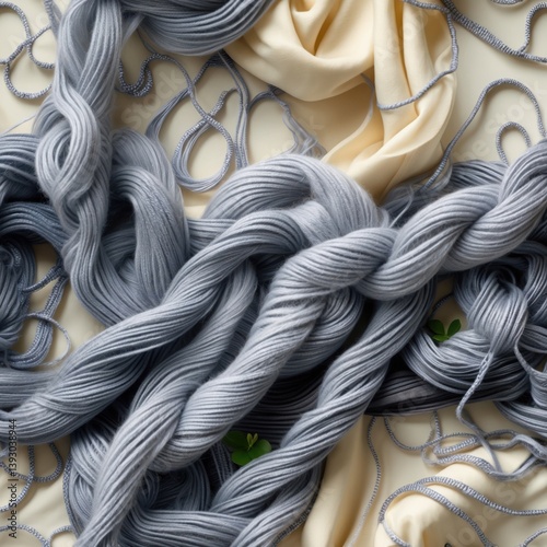 Gray yarn pile on cream fabric background. Seamless patterns create repeat designs.