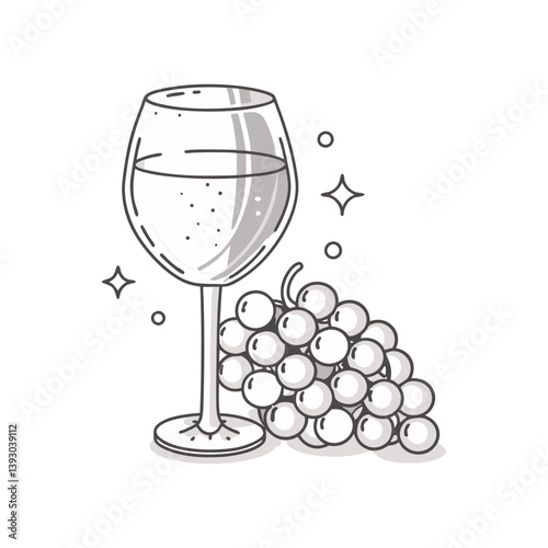 White wine glass vector with grape bunch in elegant outline style for vineyard, drink, and celebration themes