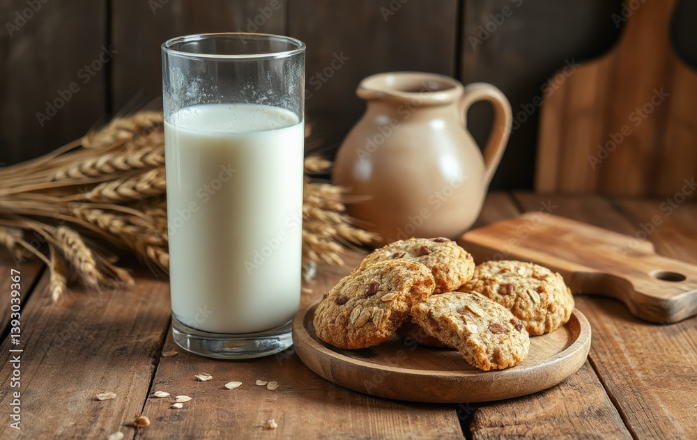 Homemade Cookies with Milk on Rustic Wooden Table Homemade Cookies with Milk on Rustic Wooden Table