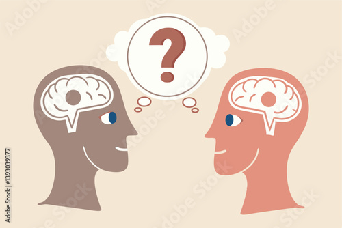 Perception process to interpret information, thought or opinion depend on personality or perspective, difference bias or illusion concept, human head looking at object with difference perception.