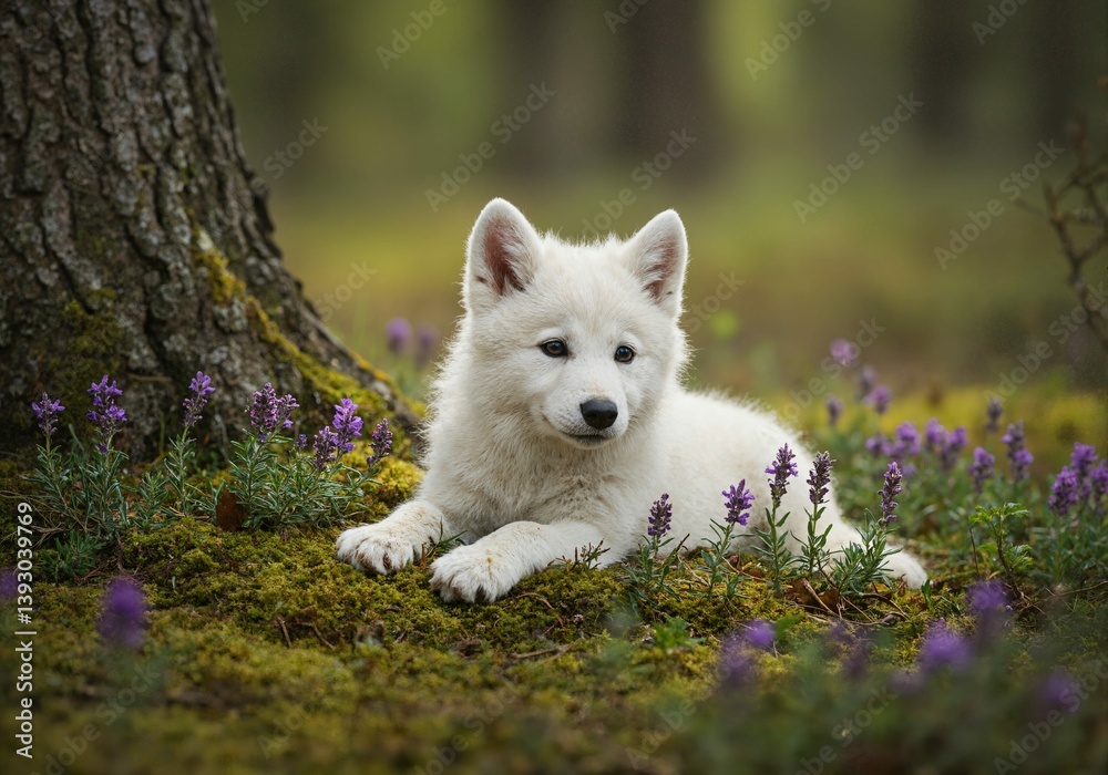 Obraz premium A white wolf lying in the grass