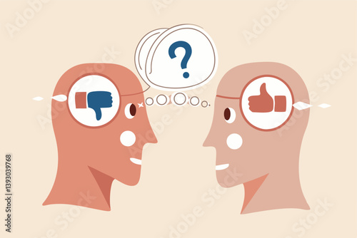 Perception process to interpret information, thought or opinion depend on personality or perspective, difference bias or illusion concept, human head looking at object with difference perception.