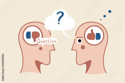 Perception process to interpret information, thought or opinion depend on personality or perspective, difference bias or illusion concept, human head looking at object with difference perception.