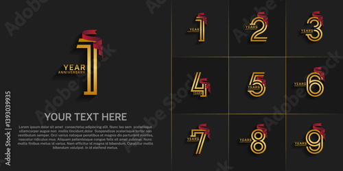 Anniversary logo style double line number set. gold color and red ribbon for celebration event