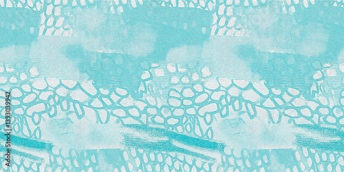 Seamless teal green woven grunge dye border pattern. Irregular beach cottage dye washed out resist banner background. Modern mottled woven style for trendy coastal worn texture tape edging trim.