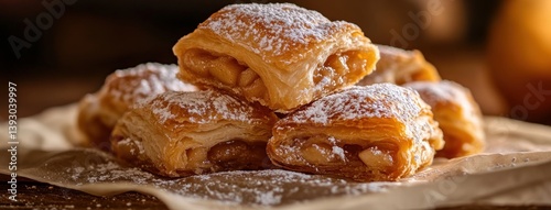 Realistic pile of mini apple strudel bites, flaky pastry dusted with powdered sugar, filling peeking out, warm tones photo.