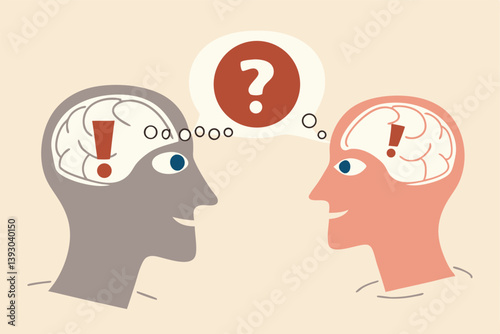 Perception process to interpret information, thought or opinion depend on personality or perspective, difference bias or illusion concept, human head looking at object with difference perception.