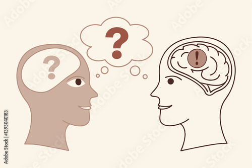 Perception process to interpret information, thought or opinion depend on personality or perspective, difference bias or illusion concept, human head looking at object with difference perception.