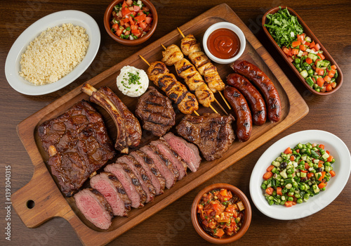 Mesa de churrasco variado com carnes nobres, saladas e acompanhamentos típicos do Brasil