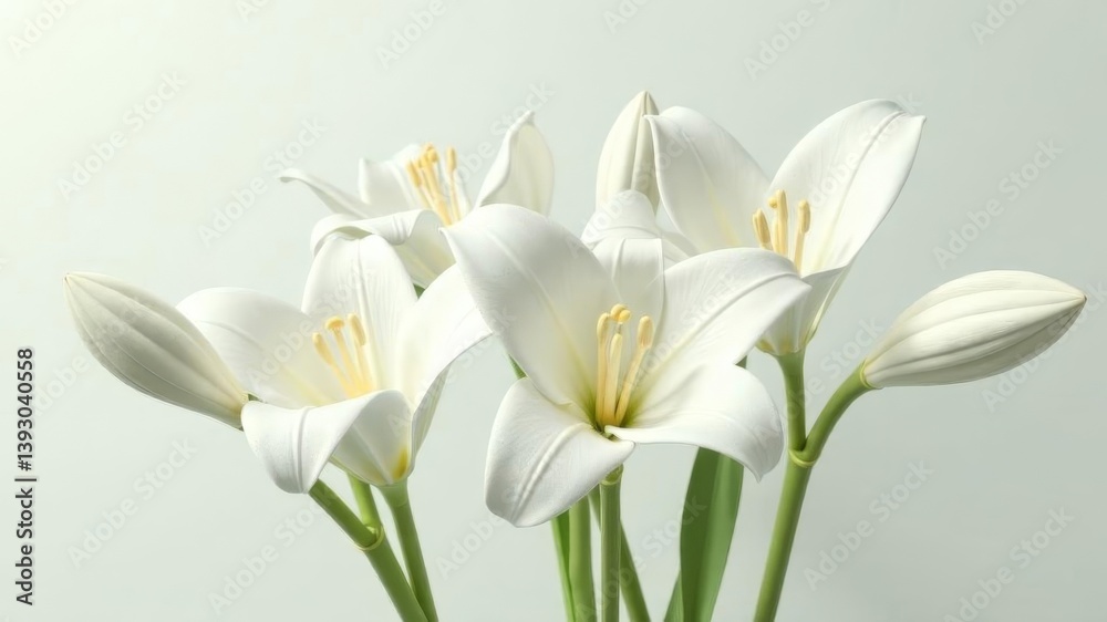 Naklejka premium Elegant white lilies in bloom against soft pastel background in natural light.