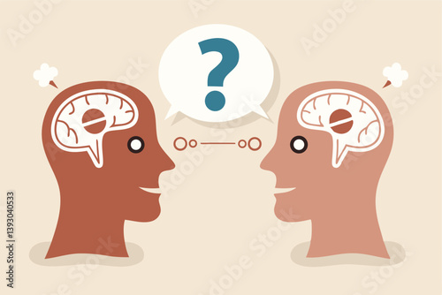 Perception process to interpret information, thought or opinion depend on personality or perspective, difference bias or illusion concept, human head looking at object with difference perception.