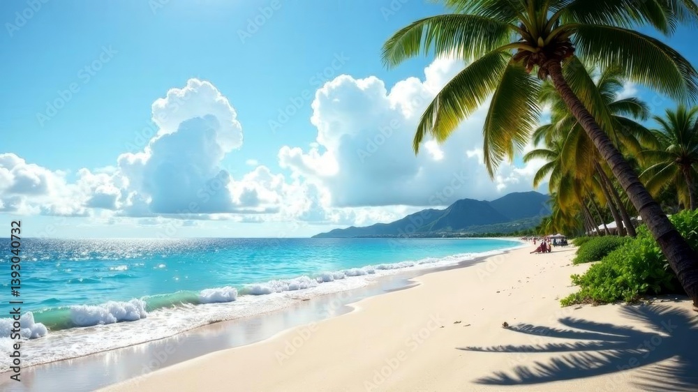 Tropical beach with palm trees and turquoise waves under bright sunny sky.