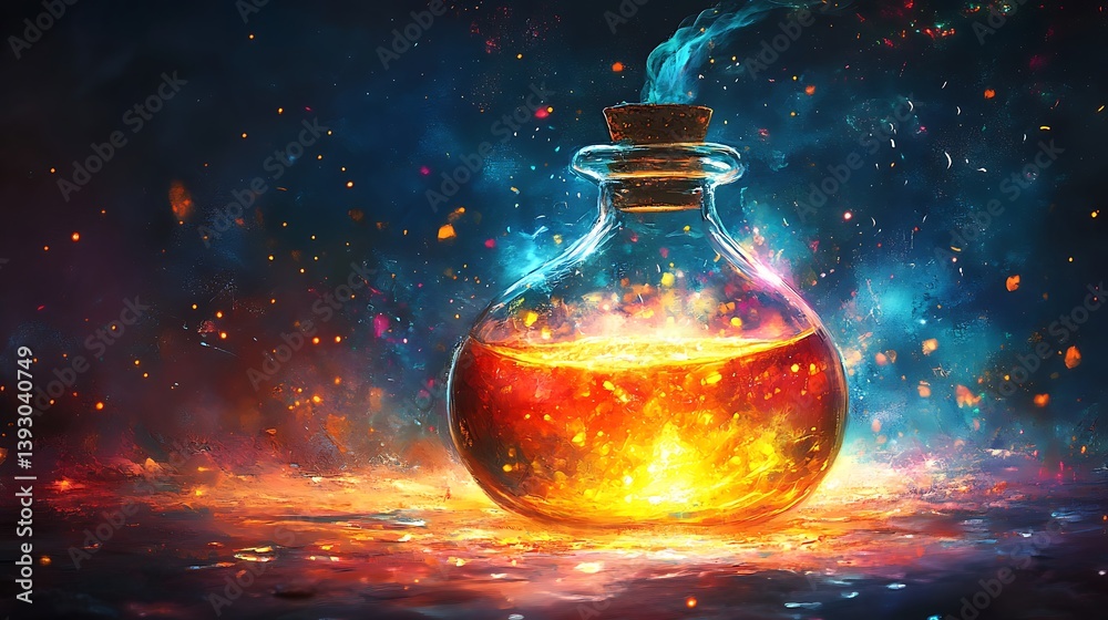 A glowing potion bottle with emanating light and effects around it A glowing potion bottle with emanating light and effects around it