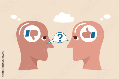 Perception process to interpret information, thought or opinion depend on personality or perspective, difference bias or illusion concept, human head looking at object with difference perception.