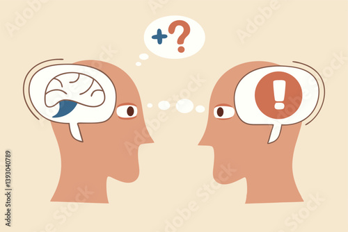 Perception process to interpret information, thought or opinion depend on personality or perspective, difference bias or illusion concept, human head looking at object with difference perception.