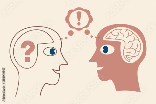 Perception process to interpret information, thought or opinion depend on personality or perspective, difference bias or illusion concept, human head looking at object with difference perception.