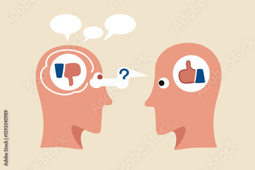 Perception process to interpret information, thought or opinion depend on personality or perspective, difference bias or illusion concept, human head looking at object with difference perception.