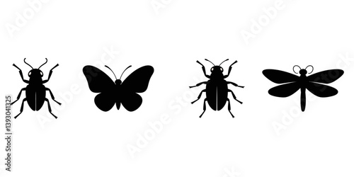 Cool insect silhouette set designs, Popular insects silhouette icons isolated on white background, Insect silhouette vector set isolated on white background, A set of insects silhouettes for flat.