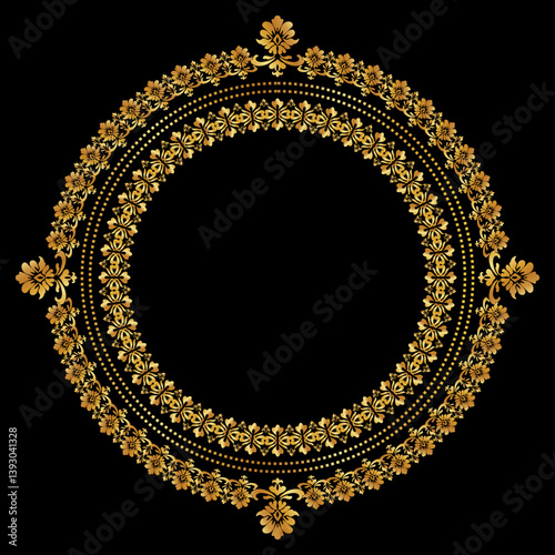 Damask Gold Round Wreath circular round ornament floral Abstract pattern, Classic Victorian traditional style, illustration Vintage Design, Floral frames, Mandala, Antique, Moroccan frame