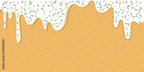 White glaze with dripping cream and colorful sprinkles melting over a waffle background. Vector illustration of sweet dessert topping. Ideal for backgrounds, packaging, or confectionery design.