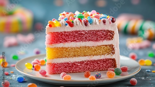  Slice of candy cake shows colorful frosting layers topped with gummy worms and lollipop crumbles sweet dessert on plate in vibrant party hues