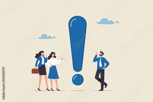 Big exclamation mark for important information, answer or resolve problem, solution or risk warning, attention or punctuation concept, business people thinking on big problem exclamation point.